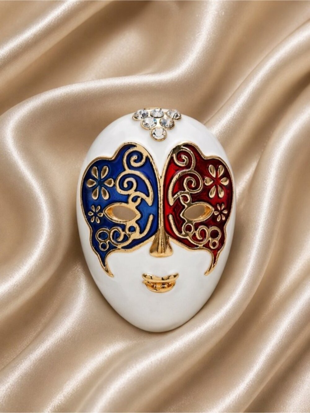 Luxury Venetian Mask Brooch – Red & Blue Enamel Statement Pin